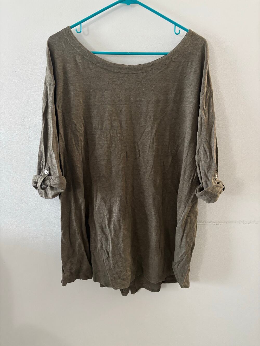 Adrienne Vittadini Womens Linen Top 2X Brown 3/4 Sleeve Lagenlook Neutral Beachy